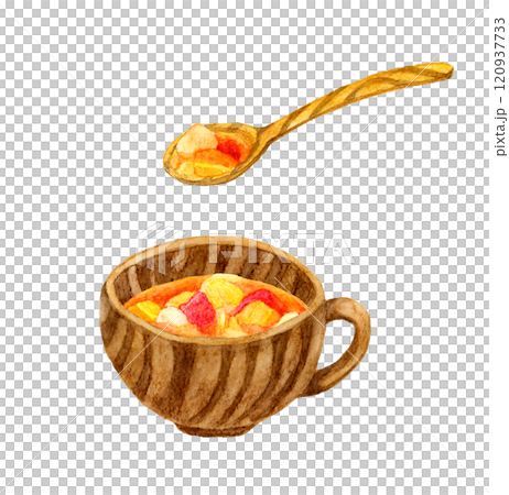 ミネストローネと木製の食器　料理・食べ物の手描き水彩イラスト素材 120937733