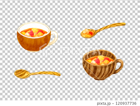 Minestrone and wooden tableware set - Hand-drawn watercolor illustrations of dishes and food Minestrone and wooden tableware set - Hand-drawn watercolor illustrations of dishes and food 120937736