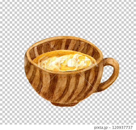 オニオングラタンスープと木製の食器　料理・食べ物の手描き水彩イラスト素材 120937737