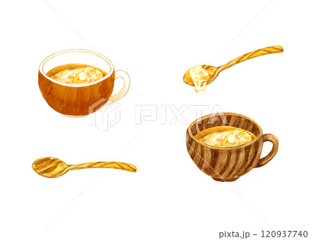 オニオングラタンスープと木製の食器のセット　料理・食べ物の手描き水彩イラスト素材集 120937740
