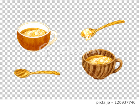 オニオングラタンスープと木製の食器のセット　料理・食べ物の手描き水彩イラスト素材集 120937740