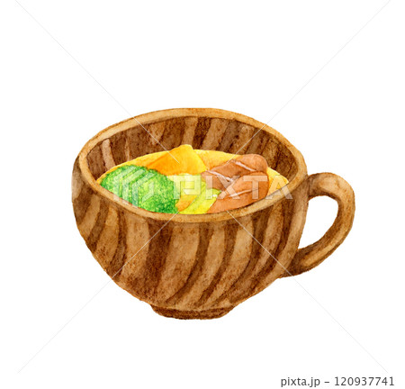ポトフ（野菜スープ）と木製の食器　料理・食べ物の手描き水彩イラスト素材 120937741