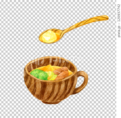 Pot-au-feu (vegetable soup) and wooden tableware Hand-drawn watercolor illustration of cooking and food Pot-au-feu (vegetable soup) and wooden tableware Hand-drawn watercolor illustration of cooking and food 120937742