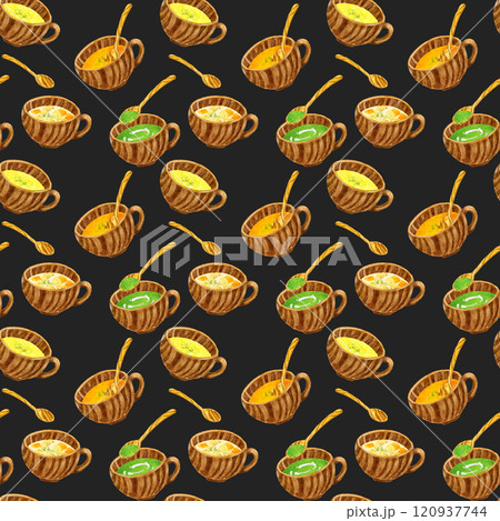 4種類のスープ＆ポタージュのシームレスパターン　手描き水彩イラストの食べ物柄 120937744