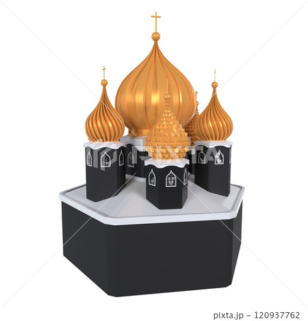 Model of a church with golden domes set against a white background 120937762
