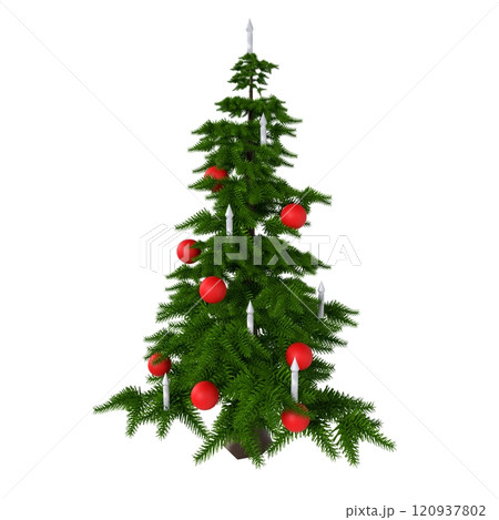 Red-ornamented Christmas tree with candles on white background 120937802