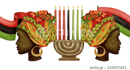 Kwanzaa seamless border of Kinara with Pan African flag and woman. Hand drawn watercolor holiday illustration of traditional symbol. Isolated drawing for African-American festive designs. 120937841
