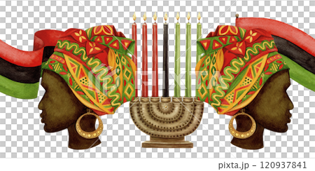 Kwanzaa seamless border of Kinara with Pan African flag and woman. Hand drawn watercolor holiday illustration of traditional symbol. Isolated drawing for African-American festive designs. 120937841