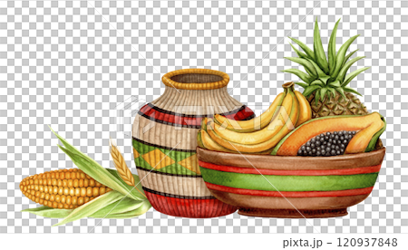 Fruit plate with banana, pineapple, papaya and woven jug Kwanzaa arrangement. Hand drawn watercolor holiday illustration of traditional symbol. Isolated drawing for African-American festive designs. 120937848