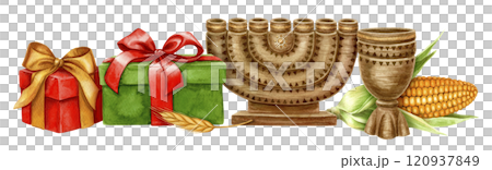 Kwanzaa arrangement of empty Kinara with Unity Cup and wrapped gift. Hand drawn watercolor holiday illustration of traditional symbol. Isolated drawing for African-American festive designs. 120937849