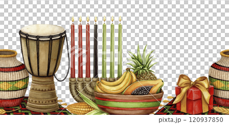Kwanzaa seamless border of Kinara with African drum and fruit plate. Hand drawn watercolor holiday illustration of traditional symbol. Isolated drawing for African-American cultural festive designs. Kwanzaa seamless border of Kinara with African drum and fruit plate. Hand drawn watercolor holiday illustration of traditional symbol. Isolated drawing for African-American cultural festive designs. 120937850