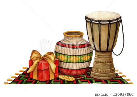 African drum with woven jug and wrapped gift on mkeka mat Kwanzaa arrangement. Hand drawn watercolor holiday illustration of traditional symbol. Isolated drawing for African-American festive designs. 120937860