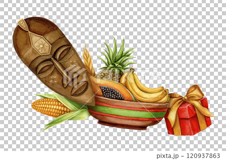 Kwanzaa curved arrangement of African mask with fruit plate and gift. Hand drawn watercolor holiday illustration of traditional symbol. Isolated drawing for African-American festive designs. 120937863