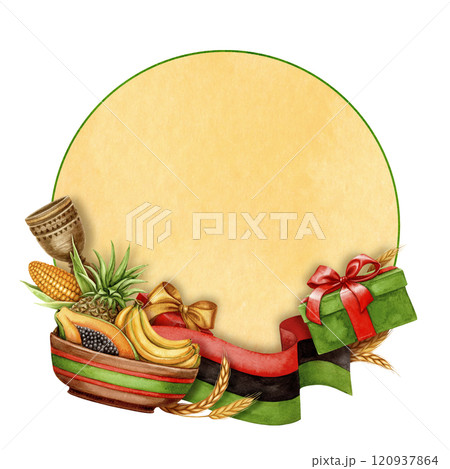 Kwanzaa round frame with copy space of African unity flag, fruit plate and gift. Hand drawn watercolor holiday illustration of traditional symbol. Isolated drawing for African-American designs. 120937864