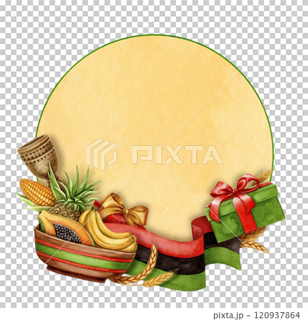 Kwanzaa round frame with copy space of African unity flag, fruit plate and gift. Hand drawn watercolor holiday illustration of traditional symbol. Isolated drawing for African-American designs. 120937864