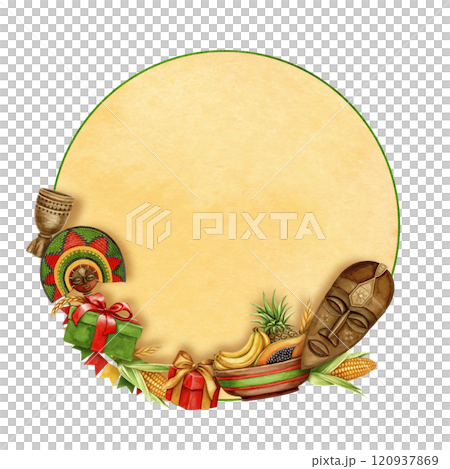 Kwanzaa round frame with copy space of African mask, fan, fruit plate and gift. Hand drawn watercolor holiday illustration of traditional symbol. Isolated drawing for African-American designs. 120937869