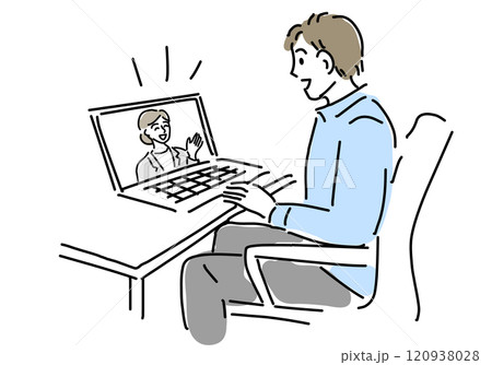 オンライン相談/カウンセリングする男性手描き線画 120938028