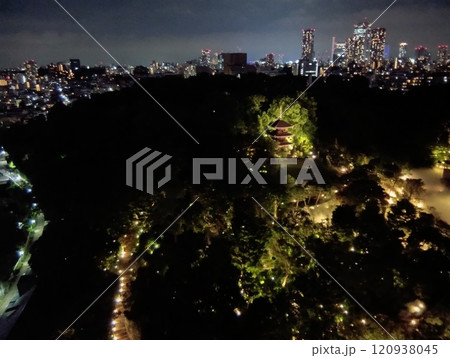 ホテル椿山荘東京の客室からみた夜の雲海中の庭と街 望遠 ホテル椿山荘東京の客室からみた夜の雲海中の庭と街 望遠 120938045