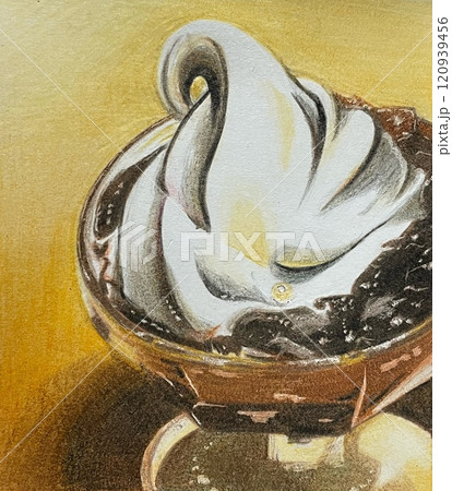 ガラスの器に入ったコーヒーゼリーとソフトクリーム 120939456
