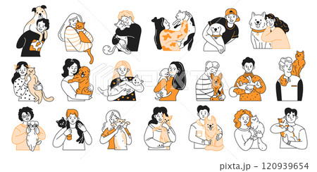 Happy owners embracing beloved pets on white background Happy owners embracing beloved pets on white background 120939654