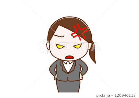 （上半身正面）ありえないことが起きてイライラしながら顔色悪く怒っているスーツ姿の女性 120940115