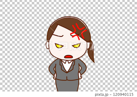 （上半身正面）ありえないことが起きてイライラしながら顔色悪く怒っているスーツ姿の女性 120940115