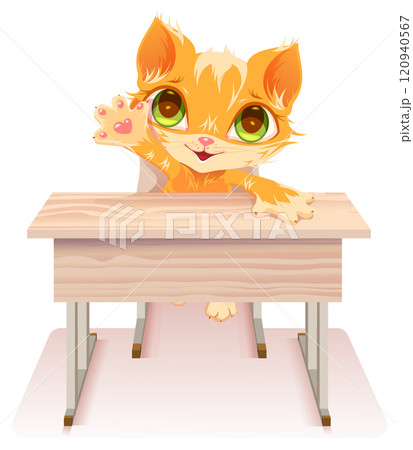 Funny ginger cat sit school desk exemplary student knows answer 120940567