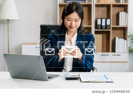 Woman hands using Laptop, tablet typing on keyboard and surfing the internet with email icon, email marketing concept, Woman hands using Laptop, tablet typing on keyboard and surfing the internet with email icon, email marketing concept, 120940630