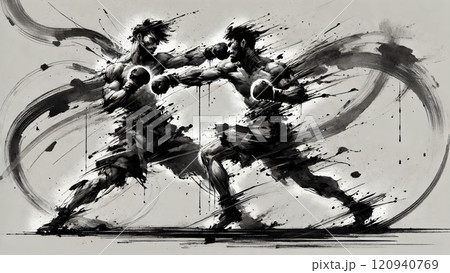 必死に戦うボクサーの水墨画のイラスト素材 [120940769] - PIXTA