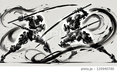 剣を使って戦うロボットの水墨画 120940780