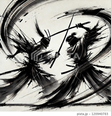 刀で戦う武士2人の水墨画 刀で戦う武士2人の水墨画 120940783