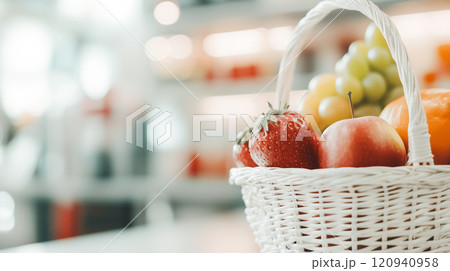 自然光が新鮮な果物を引き立てる光が差し込む食料品店での素朴な果物バスケット 自然光が新鮮な果物を引き立てる光が差し込む食料品店での素朴な果物バスケット 120940958