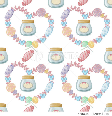 Seamless Pattern Assorted lollipop candies in a Glass jar. hand drawn cartoon style.  120941070