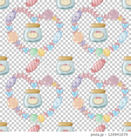 Seamless Pattern Assorted lollipop candies in a Glass jar. hand drawn cartoon style.  120941070