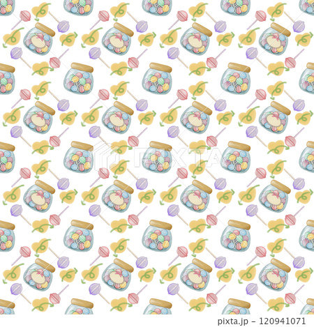 Seamless Pattern Assorted lollipop candies in a Glass jar. hand drawn cartoon style.  120941071