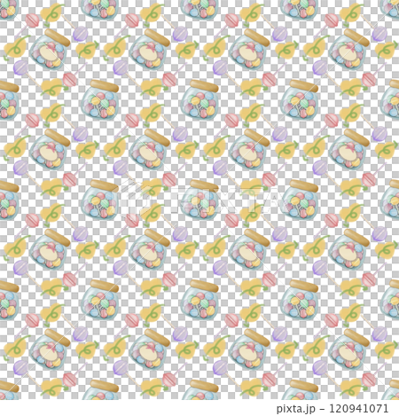 Seamless Pattern Assorted lollipop candies in a Glass jar. hand drawn cartoon style.  120941071