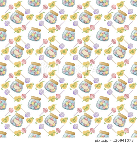 Seamless Pattern Assorted lollipop candies in a Glass jar. hand drawn cartoon style. Seamless Pattern Assorted lollipop candies in a Glass jar. hand drawn cartoon style. 120941075