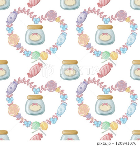 Seamless Pattern Assorted lollipop candies in a Glass jar. hand drawn cartoon style. Seamless Pattern Assorted lollipop candies in a Glass jar. hand drawn cartoon style. 120941076