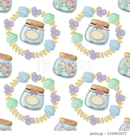 Seamless Pattern Assorted lollipop candies in a Glass jar. hand drawn cartoon style. Seamless Pattern Assorted lollipop candies in a Glass jar. hand drawn cartoon style. 120941077