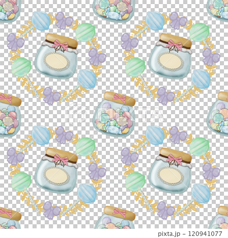 Seamless Pattern Assorted lollipop candies in a Glass jar. hand drawn cartoon style. Seamless Pattern Assorted lollipop candies in a Glass jar. hand drawn cartoon style. 120941077