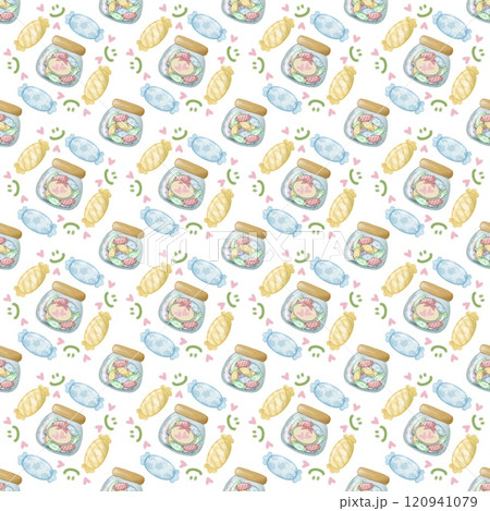 Seamless Pattern Assorted lollipop candies in a Glass jar. hand drawn cartoon style. Seamless Pattern Assorted lollipop candies in a Glass jar. hand drawn cartoon style. 120941079