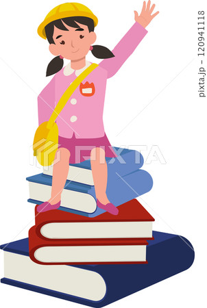 joyful kindergarten girl greeting sitting on large stack of books with big smile joyful kindergarten girl greeting sitting on large stack of books with big smile 120941118