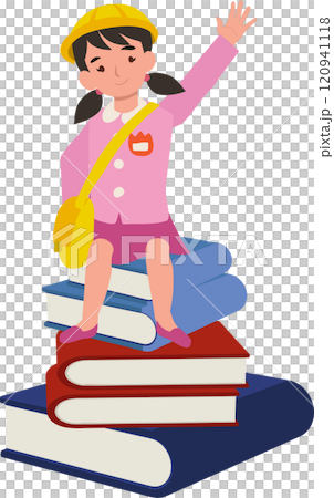 joyful kindergarten girl greeting sitting on large stack of books with big smile joyful kindergarten girl greeting sitting on large stack of books with big smile 120941118