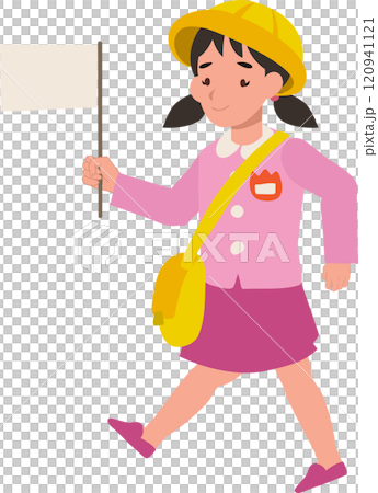 kindergarten girl in uniform waving flag outdoors with big smile 120941121