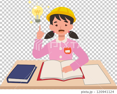 young preschool girl in japanese uniform sitting at a desk with inspiration concept 120941124