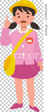 smiling preschool in kindergarten uniform giving helpful advice 120941204