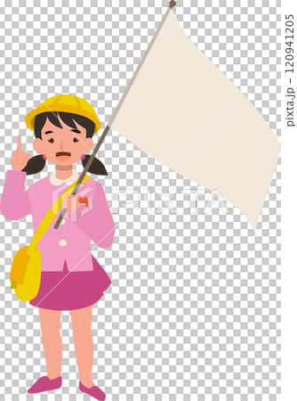 A young kindergarten girl in uniform is teaching her peers while holding a flag. 120941205