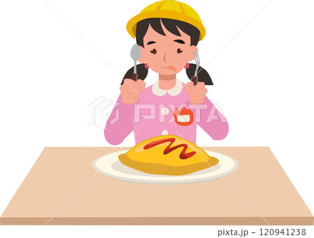 Japanese kindergarten girl eating rice with egg . Japanese kindergarten girl eating rice with egg . 120941238