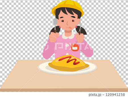 Japanese kindergarten girl eating rice with egg . Japanese kindergarten girl eating rice with egg . 120941238