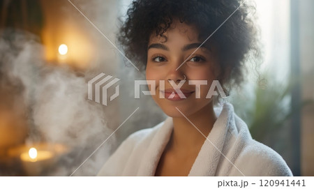 Relaxed Young Woman Enjoying a Spa Day with Steaming Aromatherapy 120941441
